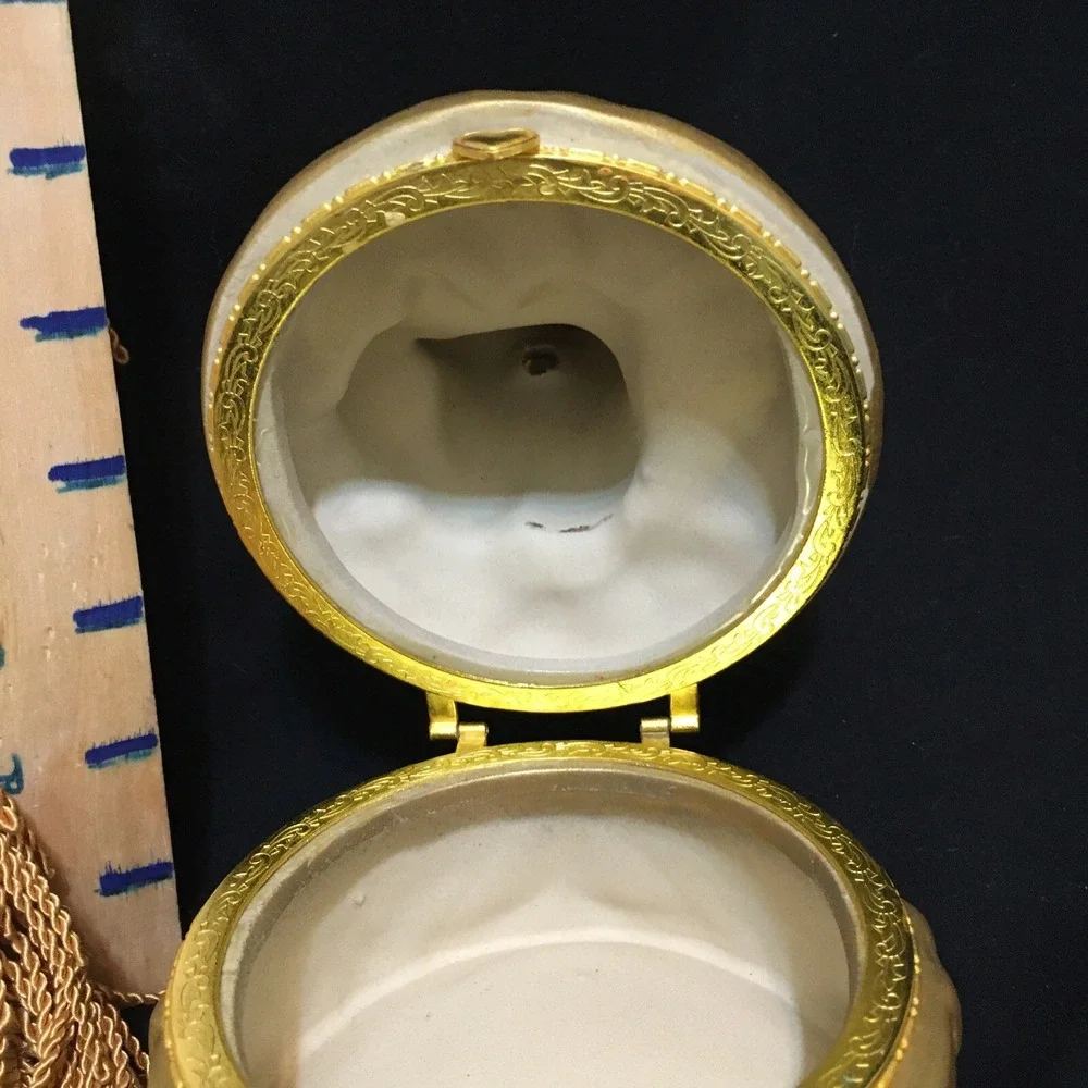 Vintage Gold Porcelain Cherub Hinged Trinket Box Large 7 Inches